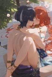 1boy 1girls arm_around_neck arms_around_neck black_hair female french_kiss genshin_impact heart implied_sex kissing kissing_while_penetrated legs_around_partner long_hair male male/female mihoyo nilou_(genshin_impact) partially_clothed red_hair scaramouche_(genshin_impact) straight tongue_kiss