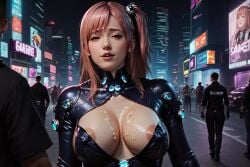 after_sex ai_generated cum_in_pussy cum_on_body cyberpunk_background dead_or_alive gantz_suit honoka_(doa) huge_breasts nipple_slip orgasm outdoors public rekcah_mhf