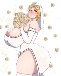 1girls ass blonde_hair cleavage female female_only huge_ass huge_breasts human murox78 revealing_clothes side_view skimpy solo solo_female standing thighhighs voluptuous wedding_dress