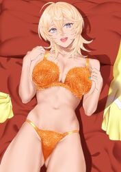 1girls ahoge antenna_hair ass_visible_from_the_front ass_visible_through_thighs bare_arms bare_belly bare_chest bare_hands bare_hips bare_legs bare_midriff bare_navel bare_shoulders bare_skin bare_thighs bare_torso bed_sheet belly belly_button blonde_female blonde_hair blonde_hair_female blue_fingernails blue_nail_polish blue_nails bra breasts breedable cleavage collarbone dot_nose elbows exposed exposed_arms exposed_belly exposed_legs exposed_midriff exposed_shoulders exposed_thighs exposed_torso female female_focus female_only fingernails fingers frilled_bra frilled_panties frilled_underwear groin hair_between_eyes half_naked hand_on_breast hand_on_chest hand_on_own_breast hand_on_own_chest happy head_tilt high_resolution highres indoor indoor_nudity indoors kantai_collection laying_down laying_on_back laying_on_bed legs light-skinned_female light_skin lips looking_at_viewer medium_breasts medium_hair nail_polish nails naked naked_female naked_woman navel nude nude_female on_back open_mouth open_mouth_smile orange_bra orange_panties orange_underwear panties parted_lips purple_eyes purple_eyes_female pussy red_bed_sheet shingyo shingyou_(alexander-13) short_hair shoulders simple_background slender_body slender_waist slim_girl slim_waist smile smiley_face smiling smiling_at_viewer solo thick_thighs thighs thin_waist tilted_head tongue tuscaloosa_(kantai_collection) underboob underwear upper_body upper_teeth v-line