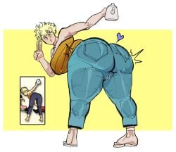 1girls ass big_ass big_breasts blonde_hair blue_pants blush breasts closed_eyes dragon_ball dragon_ball_super dragon_ball_z eliowrathful heart kettle milf open_mouth orange_tubetop panchy panchy_(dragon_ball) panchy_briefs pants pussy_juice solo_female thick_thighs yellow_hair