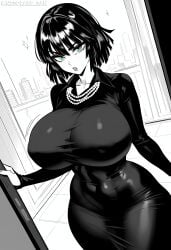 ai_generated black_dress dominant_female doorway dress green_eyes greyscale large_breasts netoraresan standing