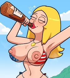 1girls 20th_century_fox 20th_century_studios alcohol american_dad beer beer_bottle bikini_top blonde_hair breasts drinking drunk female female_only francine_smith hourglass_figure human human_only light-skinned_female light_skin lipstick milf mostly_nude nipples red_lipstick solo solo_female tagme voluptuous yenvudu