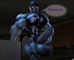 3d big_balls big_penis bladesharks five_nights_at_freddy's five_nights_at_freddy's:_security_breach hyper_muscles looking_at_viewer muscular pecs penis robot sam1377 solo staff_bot_(security_breach) text_bubble