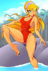 1girls amber_eyes bare_shoulders bimbo blonde_hair breasts cameltoe cleavage color eyeshadow feet large_breasts leg_up lipstick long_blonde_hair long_hair looking_at_viewer makeup marching mascara nipple_bulge one-piece_swimsuit rainbow_(animation_studio) red_one-piece_swimsuit red_swimsuit solo spread_legs stella_(winx_club) swimsuit thin_waist water winx_club zfive