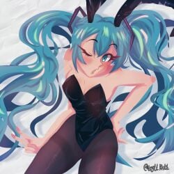 1girls blue_eyes blue_hair blush bunny_ears bunnysuit clothed hatsune_miku leyttkatt solo tagme wink winking_at_viewer