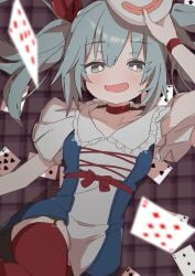 hatsune_miku looking_at_viewer on_back on_floor partial_armpit playing_cards thighs uruti_2388