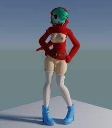 3d 3d_(artwork) blender_(software) boots breasts breasts_out female functionally_nude_female garter_straps green_hair hands_on_hips hourglass_figure labia legs long_sleeves lorded mario_(series) mask masked_female mostly_clothed no_panties pale-skinned_female pale_skin pussy red_sweater shy_gal simple_background solo stockings sweater sweater_lift vulva