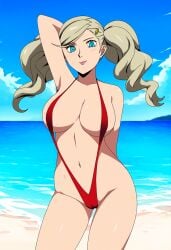 1girls ai_generated alternate_costume ann_takamaki atlus beach blonde blonde_female blonde_hair blue_eyes blue_eyes_female breasts female female_focus female_only light-skinned_female light_skin long_hair long_hair_female looking_at_viewer megami_tensei nai_diffusion persona persona_5 pinup ryu_ai sega sling_bikini solo solo_female solo_focus stable_diffusion swimsuit twintails