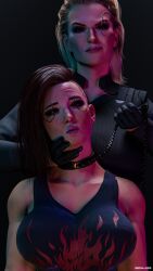 2girls 3d big_breasts breasts bust busty cd_projekt_red collar curvaceous curvy curvy_figure cyberpunk cyberpunk_2077 female female_focus hips hourglass_figure huge_breasts large_breasts leash legs light-skinned_female light_skin mature mature_female mehlabs meredith_stout slim_waist thick thick_hips thick_legs thick_thighs thighs top_heavy v_(cyberpunk_2077) valerie_(cyberpunk_2077) voluptuous waist wide_hips