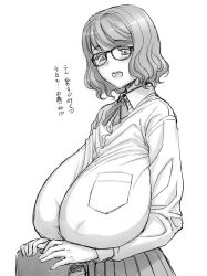 1girls big_boobs big_breasts big_tits boobs breasts female glasses greyscale happy japanese_text magaki_ryouta monochrome only_female original short_hair sketch student text tits white_and_black white_background