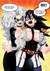 2girls big_breasts black_cat_(marvel) black_hair blue_eyes clothed clothing color embarrassed english_text felicia_hardy female female_focus female_only green_eyes hi_res large_breasts light-skinned_female light_skin long_hair marvel marvel_comics midnight_(my_hero_academia) my_hero_academia ripped_clothing ripped_clothing solo_female sonchapo spider-man_(series) tagme text text_bubble thick_thighs undressing white_hair