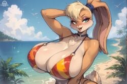 1girls ai_generated anthro anthro_only basketmuffin beach bikini breasts female female_only furry furry_only huge_breasts lola_bunny looney_tunes seaside solo solo_female swimwear warner_brothers