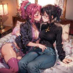 2girls ai_generated artist_request big_breasts black_hair blush breasts curvy denim female female_only friends glasses human hunter_x_hunter indoors large_breasts machi_komacine pale-skinned_female pale_skin pants phantom_troupe pink_hair shizuku_murasaki short_hair shounen_jump sitting thick_thighs villainess wide_hips yuri