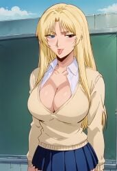 ai_generated blonde_hair blue_eyes breasts brown_eyes cleavage female female_focus female_only great_teacher_onizuka kanzaki_urumi long_hair skirt sweater tongue tongue_out