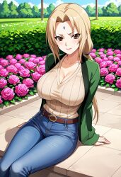 ai_generated belt big_breasts blonde_hair brown_eyes civitai flowers forehead_mark jeans knitted_sweater large_breasts looking_at_viewer mommy naruto naruto_(series) naruto_shippuden ponytail sitting sweater tsunade