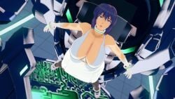 3d cleavage fainted fainting ghost_in_the_shell huge_breasts koikatsu_(medium) kusanagi_motoko medium_breasts peppaabokkusu purple_hair restrained solo stationary_restraints unconscious