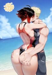 1boy 1girls abs ai_generated ass ass_focus back back_view bare_arms bare_legs bare_shoulders bare_thighs beach big_ass big_breasts big_butt big_penis black_hair color english_text female grey_eyes hi_res jaune_arc kissing large_breasts light-skinned_female light_skin looking_at_viewer male male/female meepking muscles muscular muscular_male one-piece_swimsuit ruby_rose rwby sand short_hair swimwear tagme text thick_thighs