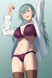 1girls adult adult_female arm_above_head arm_up arms_above_head arms_up bare_belly bare_chest bare_hands bare_hips bare_midriff bare_navel bare_skin bare_thighs bare_torso belly belly_button blue_background blue_eyes blue_eyes_female blush blush blush_lines blushing_at_viewer blushing_female bra breasts brown_legwear brown_stockings brown_thighhighs character_request cleavage copyright_request dot_nose exposed exposed_belly exposed_midriff exposed_thighs exposed_torso eyebrows_visible_through_hair female female_focus female_only fingernails fingers gradient_background green_hair green_hair_female groin hair_between_eyes half_naked hand_above_head hand_up hands_above_head hands_up head_tilt high_resolution highres large_breasts legs legwear light-skinned_female light_skin long_hair looking_at_viewer mature mature_female naked naked_female naked_woman navel nude nude_female open_clothes open_clothing open_mouth open_mouth_smile open_shirt panties parted_lips purple_bra purple_panties purple_underwear pussy shingyo shirt shoulders simple_background slender_body slender_waist slim_girl slim_waist smile smiley_face smiling smiling_at_viewer solo standing stockings thick_thighs thigh_gap thighhighs thighs thin_waist tilted_head tongue unbuttoned unbuttoned_shirt underboob underwear upper_body upper_teeth v-line white_shirt