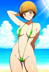 1girls ai_generated alternate_costume atlus beach breasts brown_eyes_female brown_hair brown_hair_female female female_focus female_only green_sling_bikini light-skinned_female light_skin looking_at_viewer megami_tensei nai_diffusion persona persona_4 pinup ryu_ai satonaka_chie sega sling_bikini solo solo_female solo_focus stable_diffusion swimsuit tomboy