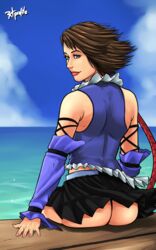 ass beach beltskirt black_skirt blue_belt brown_hair female female_only final_fantasy final_fantasy_x final_fantasy_x-2 heterochromia human radprofile short_hair skirt sleeves solo yuna