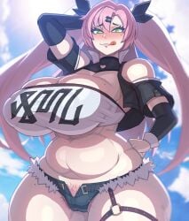 1female 1girls big_breasts female gigantic_breasts green_eyes huge_breasts licking_lips lycra_(artist) nicole_demara pink_hair pubic_hair_peek short_shorts sole_female tagme tagme_(character) thick_thighs tubetop twitter_link zenless_zone_zero