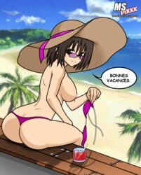 artist_self-insert beach big_breasts bikini breasts brown_eyes brown_hair crow531 dutch_angle female glasses hat looking_at_viewer ms_pixxx outdoors pink_bikini short_hair sideboob smile solo stripping sunglasses swimsuit talking thong topless