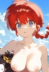 1girls ai_generated breasts cloud female junichoon nipples outdoors ranma-chan ranma_1/2 ranma_saotome red_hair sky