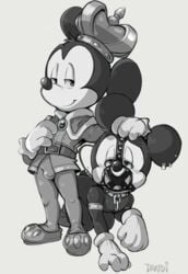 2boys 4_fingers anthro ball_gag black_nose blush bondage bound bulge chains clothed clothing collar crown dandi disney duo footwear fur gag gagged gay gray_background legwear male male_only mammal mickey_mouse mouse muzzle_(disambiguation) nude piercing rodent round_ears royalty smile standing tights yaoi