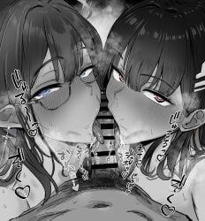 2girls bar_censor black_hair blue_archive bright_pupils censored cooperative_fellatio earrings fellatio glasses hair_ornament hairpin halo highres jewelry licking licking_penis long_hair looking_at_viewer male_pubic_hair metsu_end monochrome multiple_girls oral penis pointy_ears pov pubic_hair rimless_eyewear rin_(blue_archive) rio_(blue_archive) saliva straight sweat tongue tongue_out white_pupils