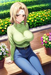 ai_generated belt big_breasts blonde_hair brown_eyes civitai flowers forehead_mark jeans knitted_sweater large_breasts looking_at_viewer mommy naruto naruto_(series) naruto_shippuden ponytail sitting sweater tsunade