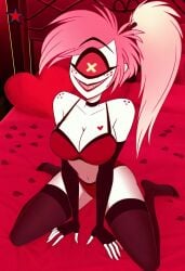 ai_generated cherri_bomb cherri_bomb_(hazbin_hotel) cyclops hazbin_hotel one_eye ponytail red_bra red_panties tattoo tattoos thick_thighs thighhighs valentine's_day