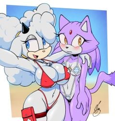 2girls anthro anthro_only barely_sly beach bikini blaze_the_cat blue_eyes blush blushing female furry furry_only lanolin_the_sheep large_breasts lifeguard lifeguard_swimsuit mobian_(species) no_humans sega shy small_breasts sonic_(series) sonic_the_hedgehog_(comics) whistle_around_neck wide_hips yellow_eyes