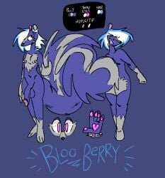 accessory anthro ass big_butt big_penis bloo_berry_(melon_sweet_doe) blue_body blue_fur blue_highlights braces fluffy fluffy_tail fur genitals hair hair_accessory hair_over_eyes hairclip hi_res highlights_(coloring) male mammal mephitid model_sheet nipple_piercing nipples penis piercing qoolbunart skunk smile solo solo_focus tail white_hair