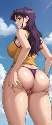 ai_generated armpits belly_button below_view big_areola big_ass big_breasts big_butt big_thighs bottomless brown_eyes cross_necklace erect_nipples hands_on_ass long_legs midriff midriff_baring_shirt misato_katsuragi neon_genesis_evangelion nipples nipples_visible_through_clothing no_pants purple_hair purple_thong retair18 semi_naked semi_nude sexy_armpits smile smiling smiling_at_viewer stomach underwear vagina_visible_through_clothing