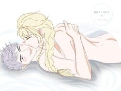 1boy 1girls blonde_hair completely_nude crossover disney dreamworks elsa_(frozen) female frozen_(film) grey_hair happy jack_frost jack_frost_(rise_of_the_guardians) jelsa kissing male male/female nude paramount_pictures rise_of_the_guardians romantic straight