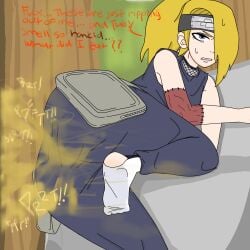 2024 ass background blonde_hair blue_clothing blue_eyes butt_focus commission commissioner_upload deidara dialogue digital_drawing_(artwork) digital_media_(artwork) fart fart_cloud fart_fetish farting femboy fishnets forest girly kengii212 leg_up long_hair male male_fart naruto naruto_shippuden onomatopoeia sweating text white_clothing yellow_fart