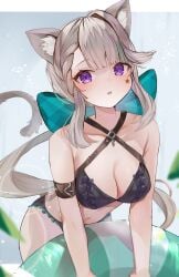 1girls alternate_costume animal_ears animal_tail bikini bikini_bottom bikini_top bra cat_ears cat_tail catgirl cleavage day female female_focus female_only front_view genshin_impact grey_hair high_resolution highres holding_object light-skinned_female light_skin long_hair looking_at_viewer lynette_(genshin_impact) medium_breasts outdoors pookke33 purple_eyes slim_girl solo solo_female solo_focus standing summer swimsuit thong thong_bikini two_piece_swimsuit young younger_female