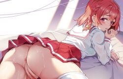 anus ass ass_focus asshole big_ass blush braid cameltoe finger_to_mouth inminent_sex inviting inviting_to_sex kanojo_okarishimasu looking_at_viewer looking_back lying_on_bed lying_on_stomach medium_breasts miazi miniskirt no_panties pussy pussy_juice red_eyes red_hair ribbon sailor_collar sailor_uniform sakurasawa_sumi short_hair skirt thighhighs upskirt wet wet_pussy