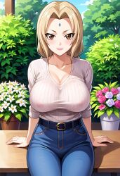 ai_generated belt big_breasts blonde_hair brown_eyes civitai flowers forehead_mark jeans knitted_sweater large_breasts looking_at_viewer mommy naruto naruto_(series) naruto_shippuden ponytail sitting sweater tsunade