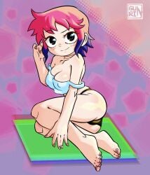 1girls arm_up bare_shoulders black_eyes black_panties blush female gurinsensei hand_in_hair nail_polish nipple_bulge panties partially_clothed pink_hair pink_nails purple_hair ramona_flowers scott_pilgrim short_hair solo solo_female strap_slip tank_top two_tone_hair