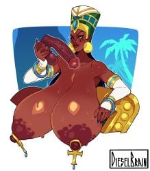 abstract_background ancient_egypt ancient_egyptian big_breasts breasts breasts_bigger_than_head brown_body brown_skin busty cleavage curvy dieselbrain earrings egtpt egyptian egyptian_female egyptian_headdress holding_penis lip_piercing looking_away nipple_rings piercings queen_titahatenamun_ebonee seated tale_of_ebonee tan-skinned_female tan_skin tropical yellow_eyes