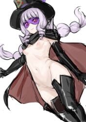 black_cape boots breasts cape delicious_party_precure gentlu_(precure) gloves grey_hair hat highres mask nipples non-web_source nude precure red_eyes small_breasts