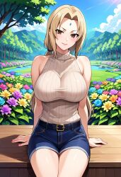 ai_generated belt big_breasts blonde_hair brown_eyes civitai flowers forehead_mark jeans knitted_sweater large_breasts looking_at_viewer mommy naruto naruto_(series) naruto_shippuden ponytail sitting sweater tsunade