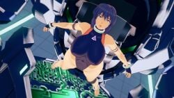 3d cleavage fainted fainting ghost_in_the_shell huge_breasts koikatsu kusanagi_motoko medium_breasts peppaabokkusu purple_hair restrained solo stationary_restraints unconscious