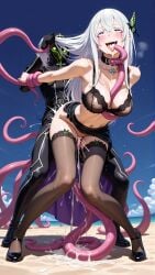 1boy 1girls ai_generated arm_grab beach black_skirt choker cum_in_ass cum_in_mouth cum_in_pussy cum_on_breasts echidna_(re:zero) from_behind from_behind_position full_body hair_grab hand_grab nnnyr pleasure_face rolling_eyes rubick running_makeup runny_makeup skirt standing standing_sex stockings tentacle tentacle_in_mouth tentacle_sex tongue_out white_hair white_skin