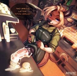 anthro apron barggmel barista big_penis blonde_hair blue_eyes blush bodily_fluids bovid bovine brown_body brown_fur cattle clothed clothing coffee_shop cum cum_in_a_cup cum_in_container cum_on_penis dialogue femboy fur genital_fluids genitals hair hi_res horn huge_cock looking_at_viewer male mammal medial_ring meme meme_clothing penis smile solo speech_bubble tail tail_tuft text tuft uniform wide_hips yara_(barggmel)