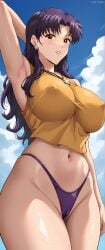 ai_generated armpits arms_behind_head arms_up belly_button below_view big_areola big_ass big_breasts big_butt big_thighs bottomless brown_eyes cross_necklace erect_nipples hand_on_head hand_on_hip long_legs midriff midriff_baring_shirt misato_katsuragi neon_genesis_evangelion nipples nipples_visible_through_clothing no_pants purple_hair purple_thong retair18 semi_naked semi_nude sexy sexy_armpits sexy_pose smile smiling smiling_at_viewer stomach underwear vagina_visible_through_clothing