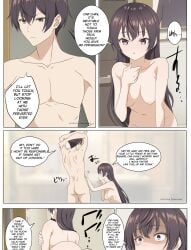 1boy 1girls ass bathroom breasts brother_and_sister brown_eyes brown_hair curious english_text female female_pervert incest kevcrexx kuze_masachika naked nipples nude_female siblings suou_yuki text tokidoki_bosotto_russian_de_dereru_tonari_no_alya-san