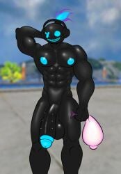 bandithrt big_balls big_nipples big_penis black_body blue_nipples condom condom_filling free_fire muscle muscles muscular_male penis solo_male